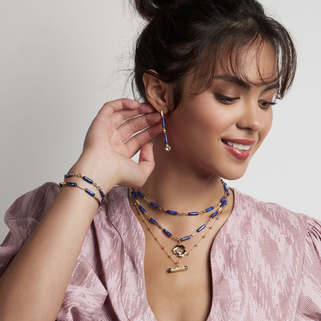 Model wearing Parkford Lapis jewelry