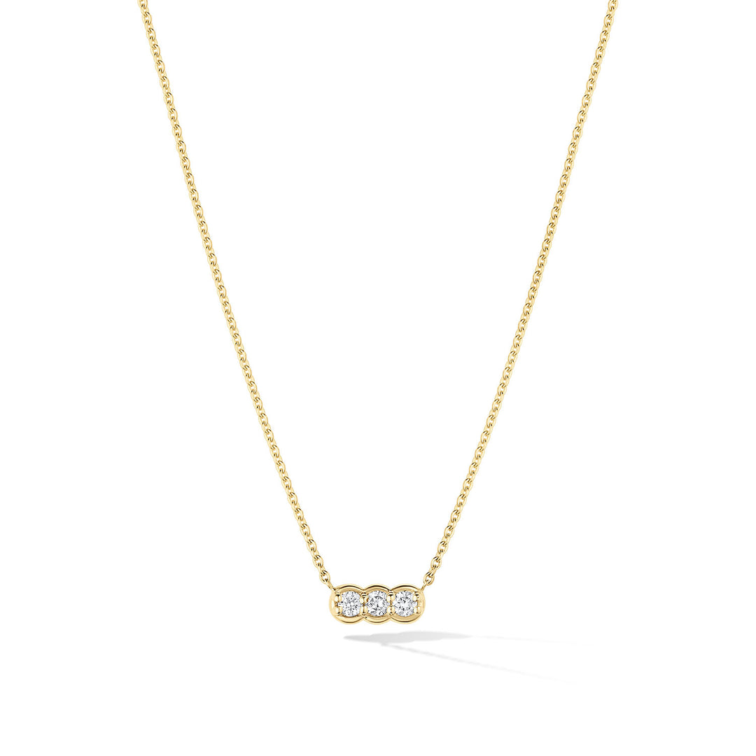 Diamond trio necklace in 14k gold with 0.10 ctw natural diamonds, adjustable 16–17 inch chain.
