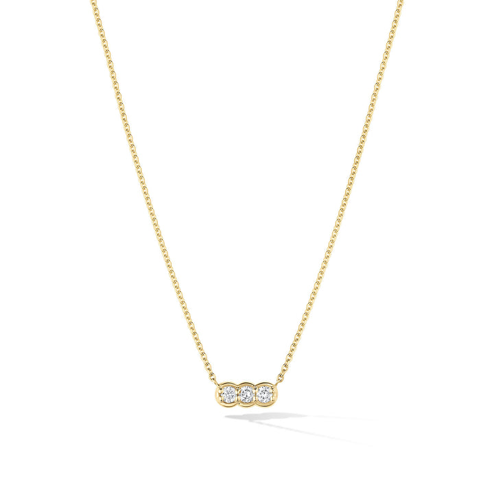 Diamond trio necklace in 14k gold with 0.10 ctw natural diamonds, adjustable 16–17 inch chain.