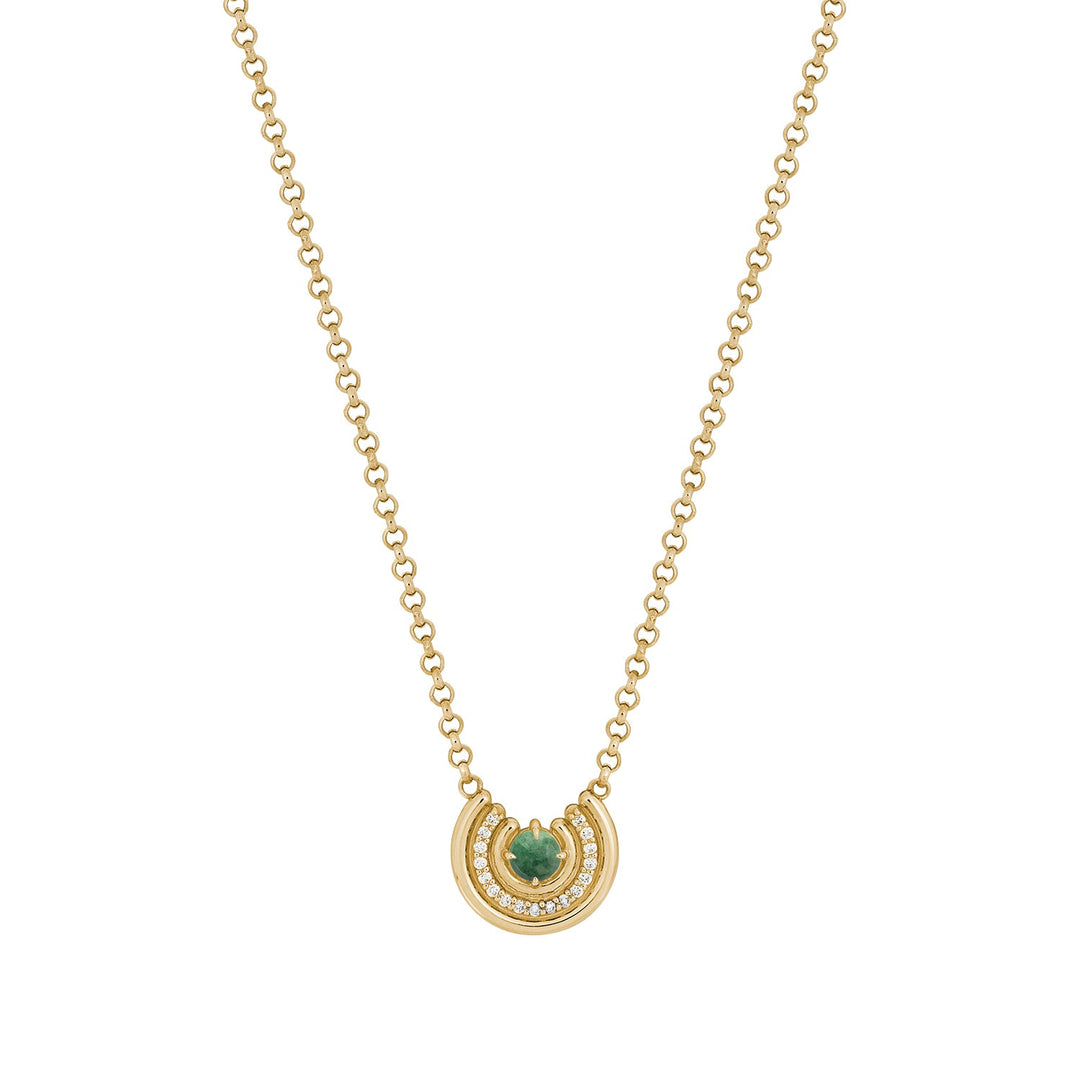 Green jade cabochon necklace with diamond row in 14k gold, 16–18 inch chain.