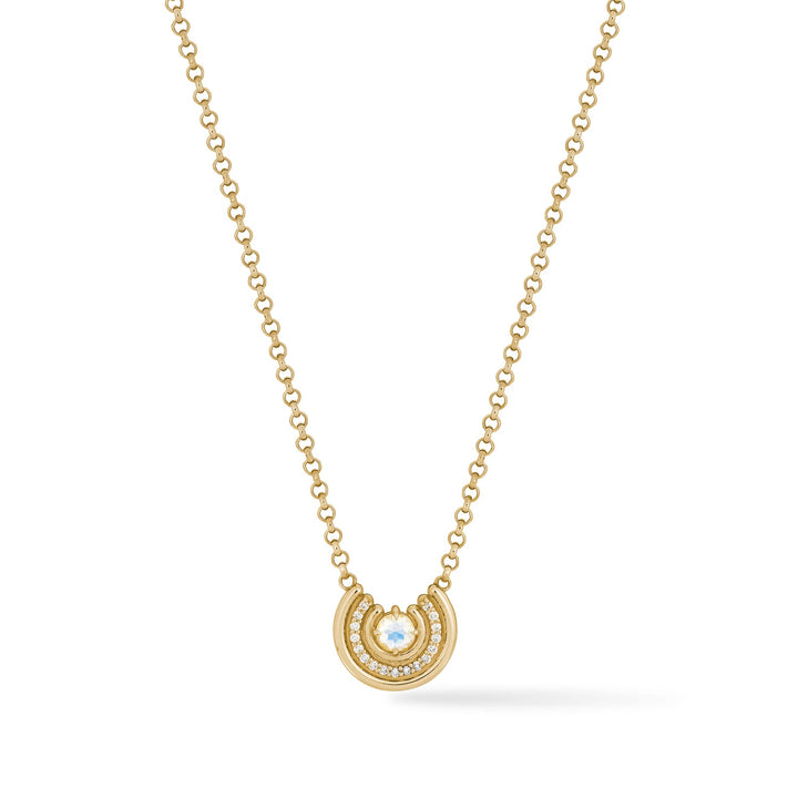 Faceted rainbow moonstone necklace with diamond halo in 14k gold, showing blue adularescence.