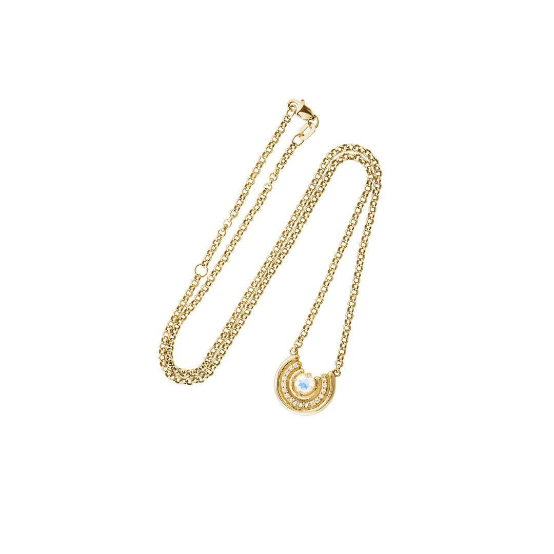 Rainbow Moonstone Revival Row Necklace in 14k gold with 0.17ctw diamonds.