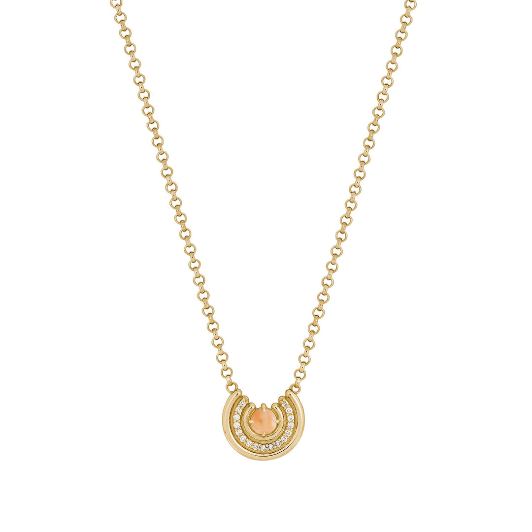 Pink coral cabochon necklace with diamond row in 14k gold, 16–18 inch chain.