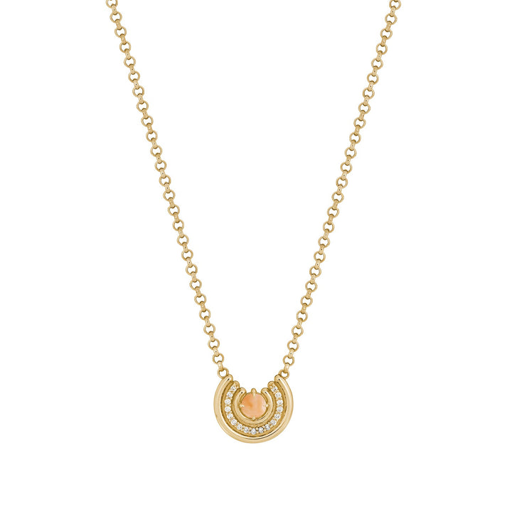 Pink coral cabochon necklace with diamond row in 14k gold, 16–18 inch chain.