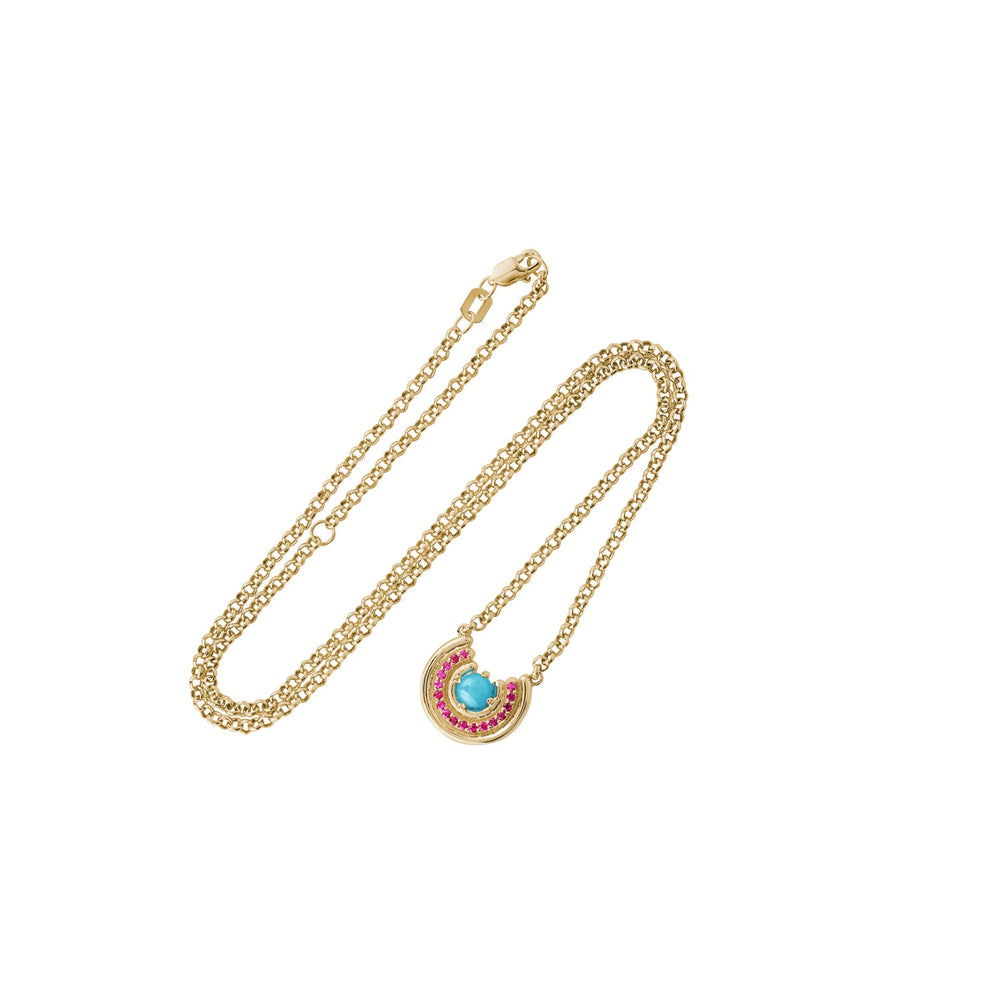 Revival Row turquoise and pink sapphire necklace, 16 mm pendant in solid 14k gold.
