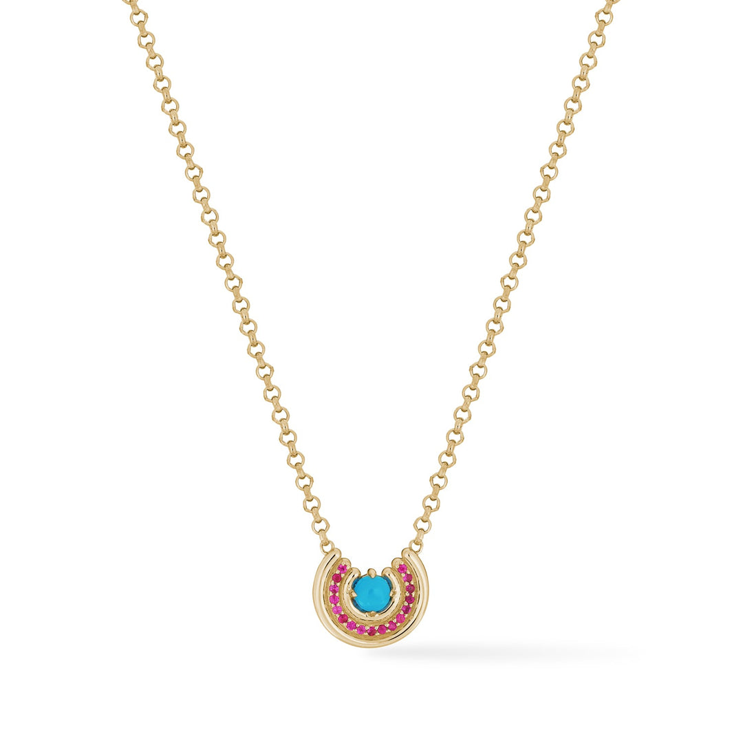 Turquoise cabochon necklace with pink sapphire row in 14k gold, 16–18 inch chain.