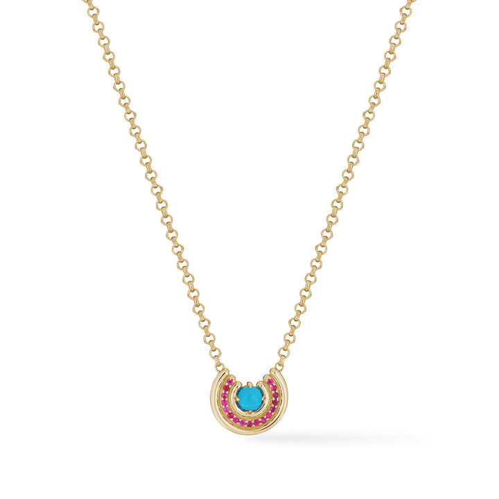 Turquoise cabochon necklace with pink sapphire row in 14k gold, 16–18 inch chain.