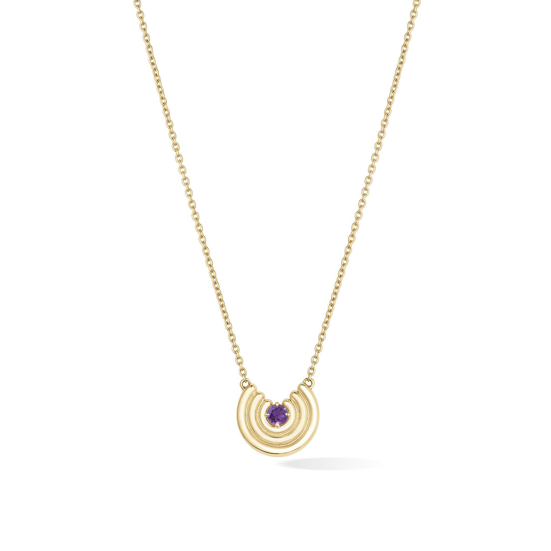 A delicate gold chain necklace featuring a crescent-shaped pendant with a purple amethyst gemstone at the center, shown against a plain white background. February birthstone necklace gift.