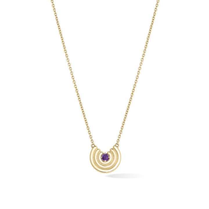 A delicate gold chain necklace featuring a crescent-shaped pendant with a purple amethyst gemstone at the center, shown against a plain white background. February birthstone necklace gift.