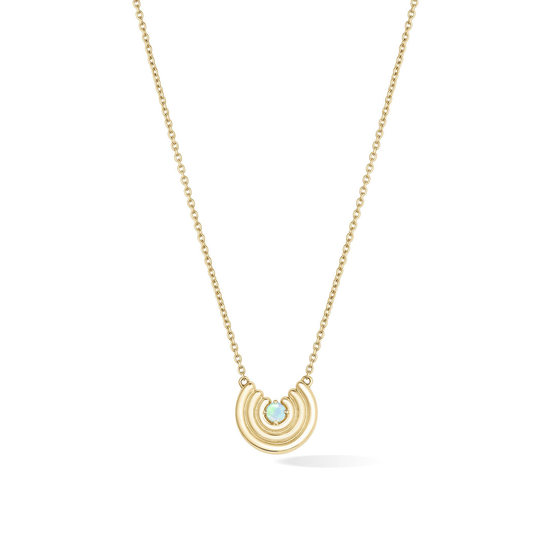 A delicate gold chain necklace featuring a crescent-shaped pendant with an opal gemstone at the center, shown against a plain white background. October birthstone necklace
