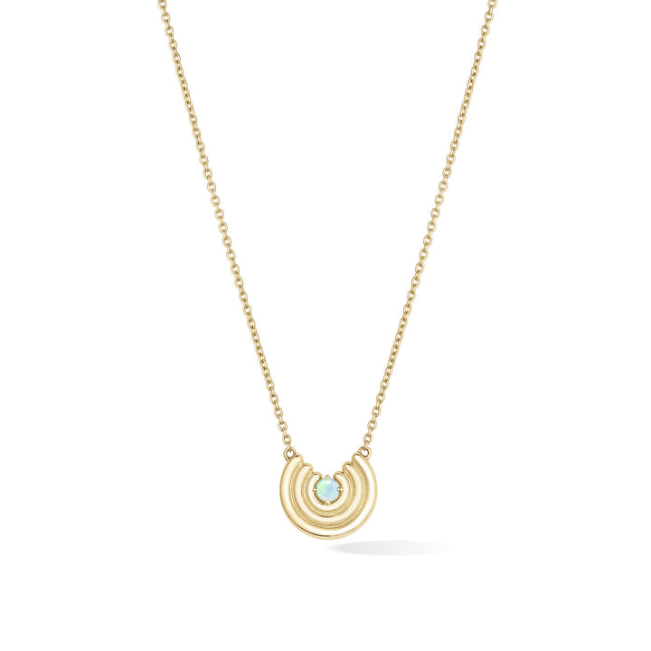 A delicate gold chain necklace featuring a crescent-shaped pendant with an opal gemstone at the center, shown against a plain white background. October birthstone necklace