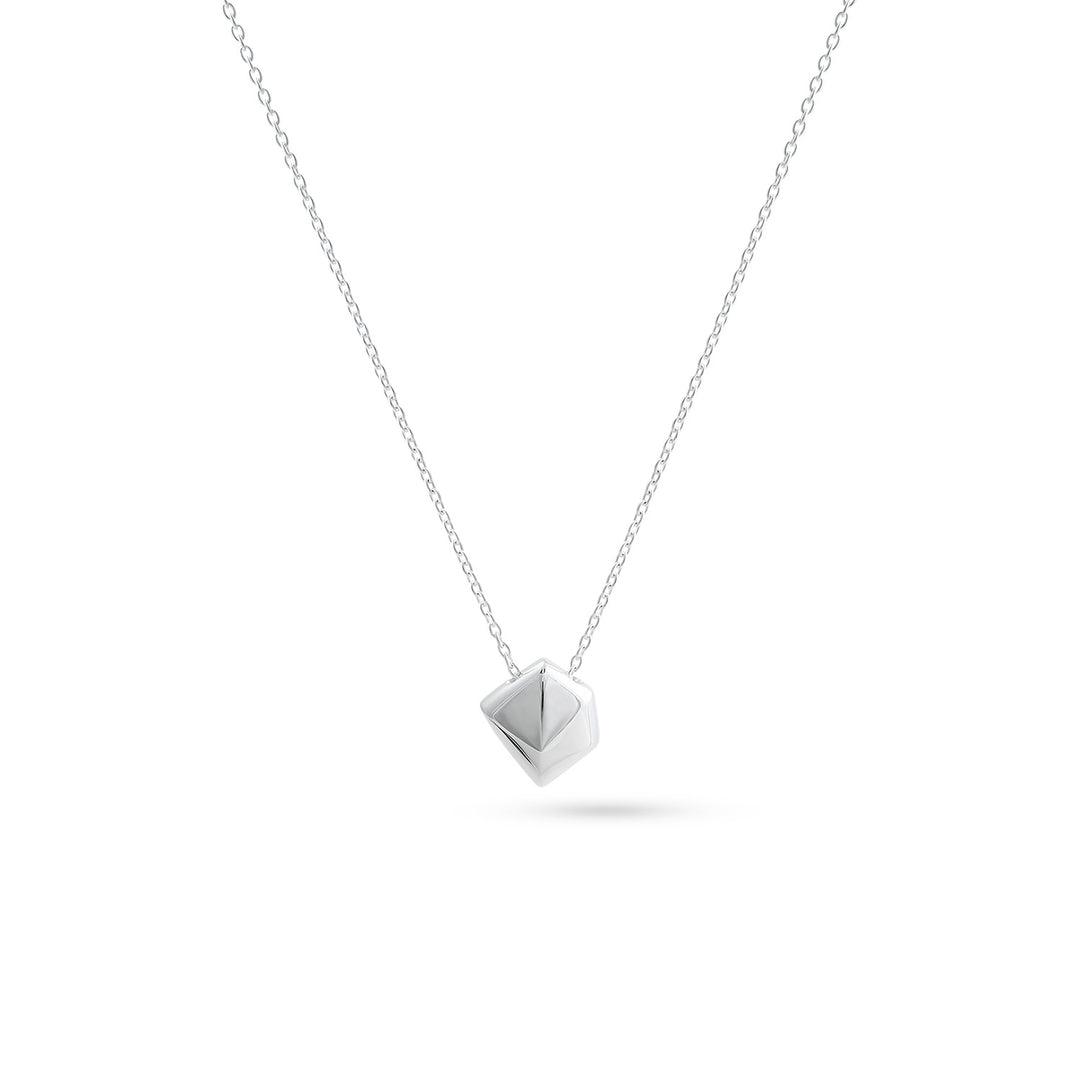 Silver necklace with a geometric pendant on a white background
