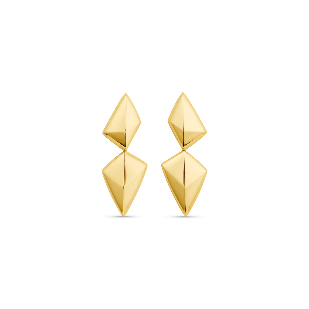 Pair of gold geometric earrings on a white background