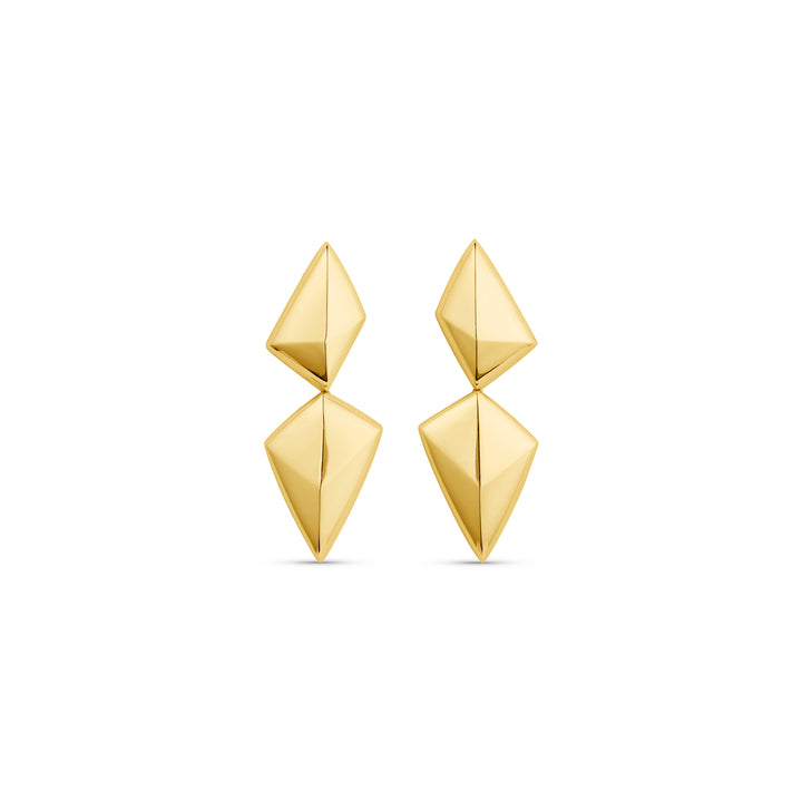 Pair of gold geometric earrings on a white background